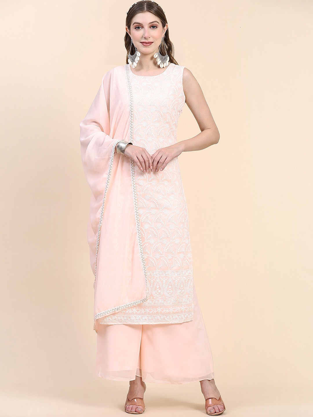 

KALINI Ethnic Motifs Embroidered Chikankari Georgette Kurta with Palazzos & Dupatta, Peach