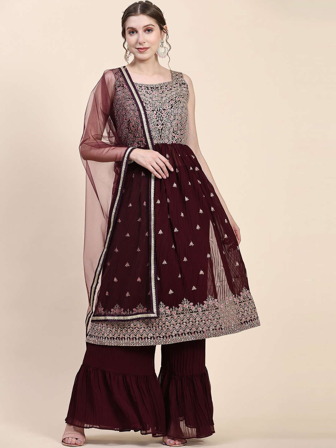 

KALINI Ethnic Motifs Embroidered Zari Kurta with Sharara & Dupatta, Burgundy