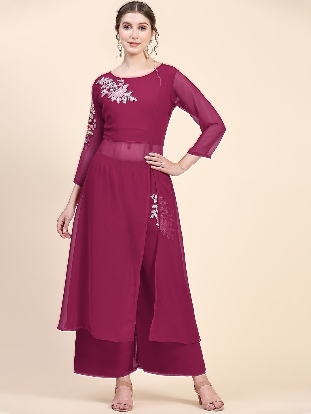 

KALINI Floral Embroidered High Slit Kurta With Palazzos, Purple