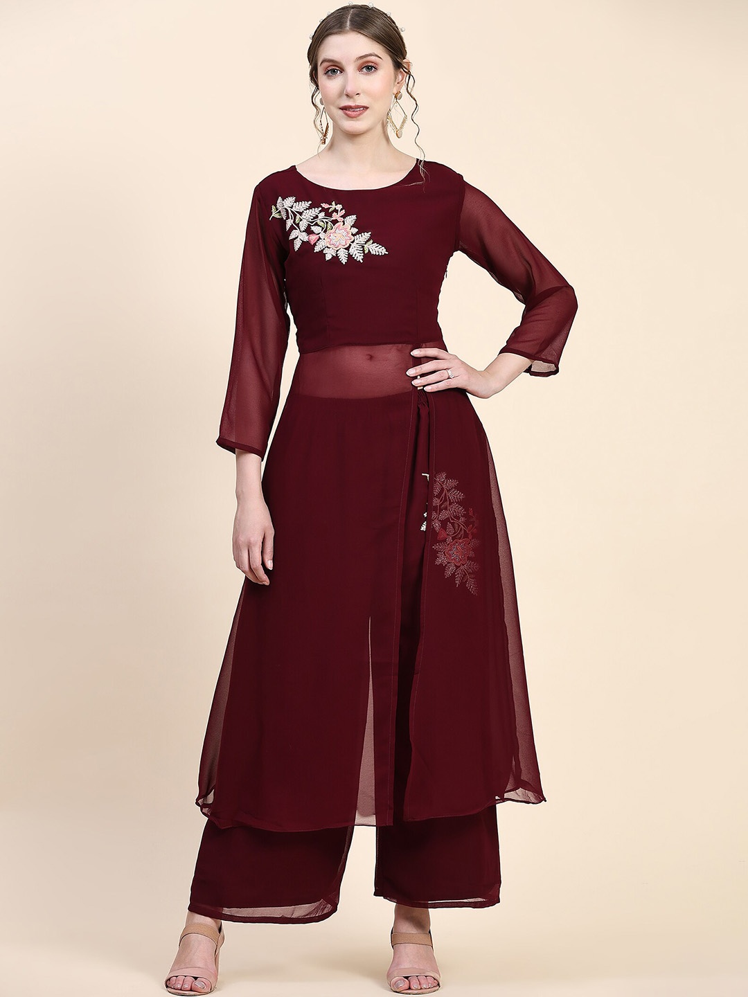 

KALINI Floral Embroidered High Slit A-Line Georgette Kurta with Palazzos, Maroon