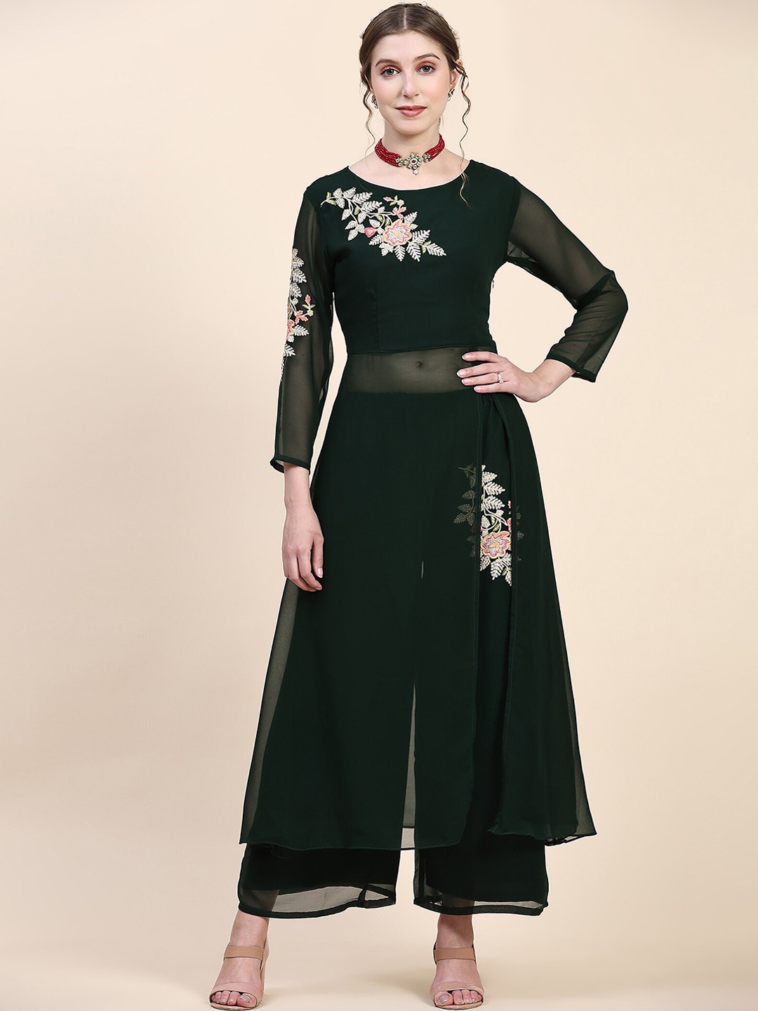 

KALINI Floral Embroidered High Slit Thread Work Kurta With Palazzos, Green