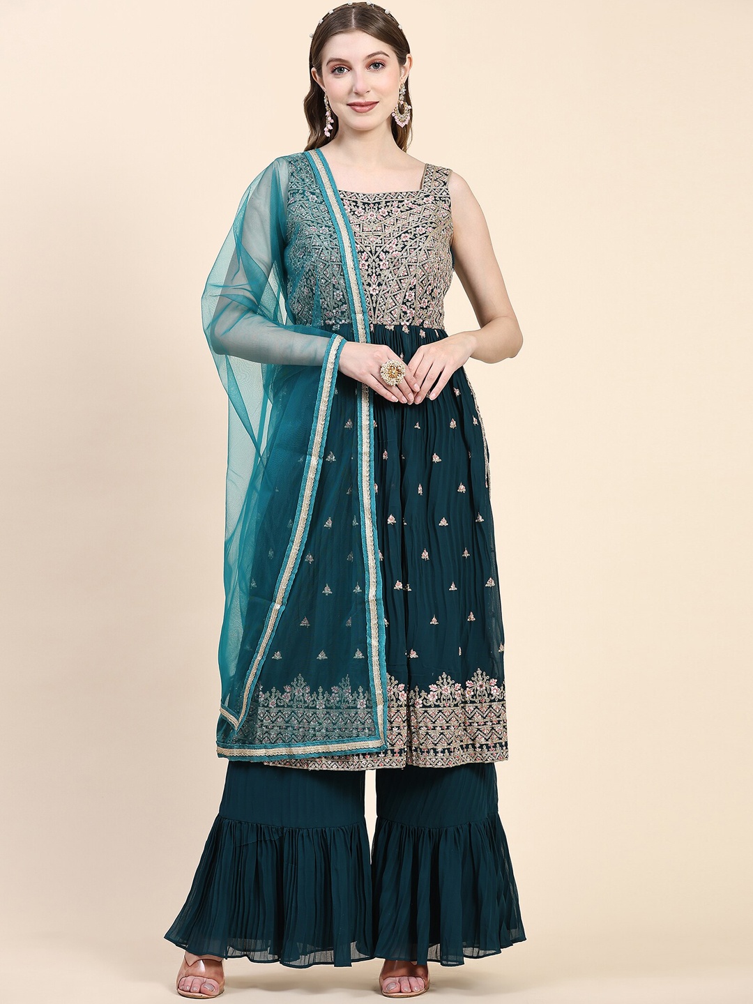 

KALINI Floral Embroidered Sequined Georgette Kurta with Sharara & Dupatta, Teal