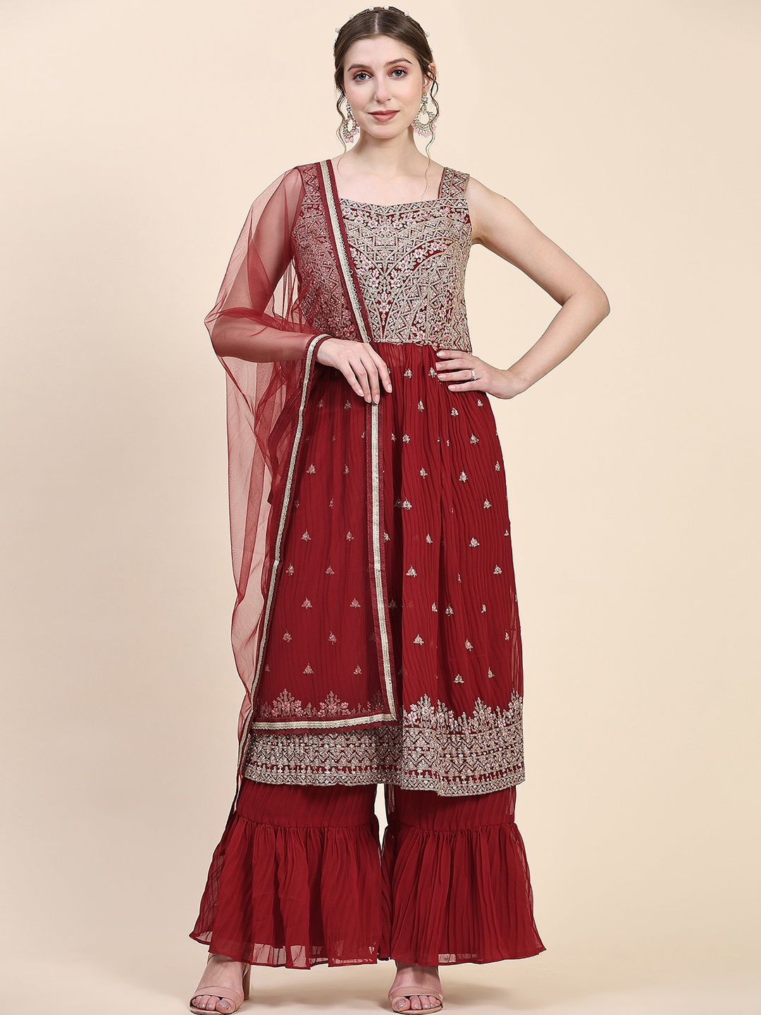 

KALINI Ethnic Motifs Embroidered Zari Kurta with Sharara & Dupatta, Red