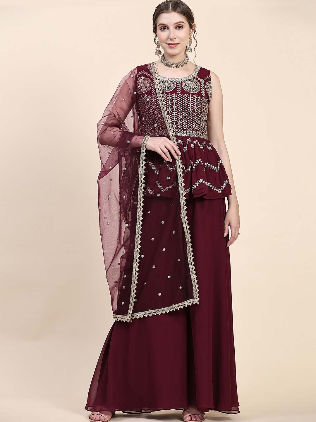 

KALINI Ethnic Motifs Embroidered Sequined Georgette Kurti with Palazzos & Dupatta, Maroon