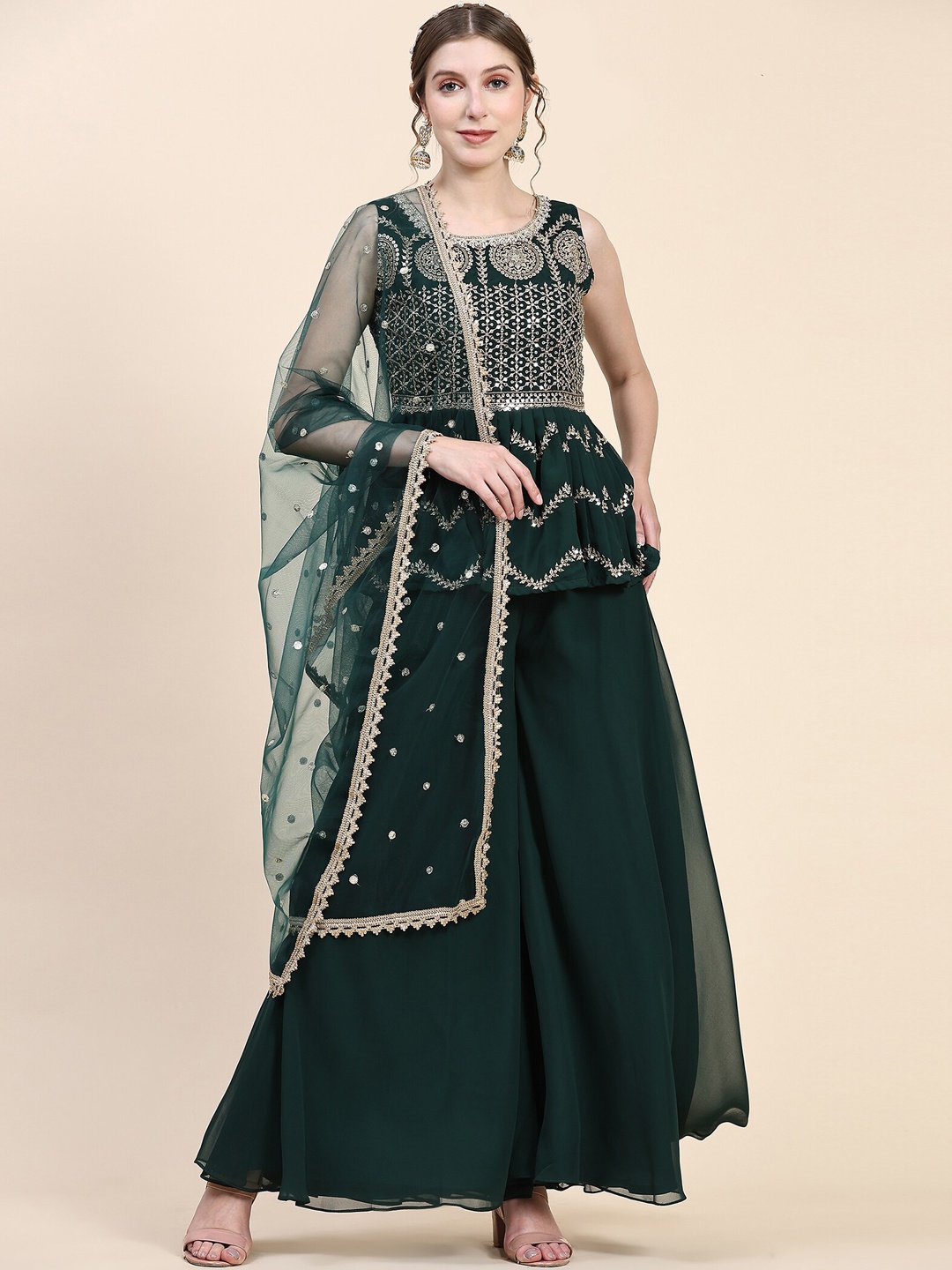 

KALINI Ethnic Motifs Embroidered Sequined Georgette Kurti with Palazzos & Dupatta, Green