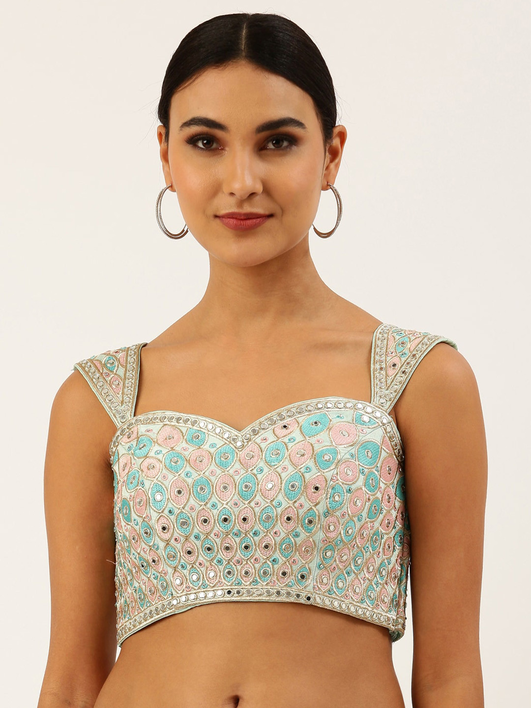 

panchhi Mirror Work Embroidered Art Silk Saree Blouse, Turquoise blue