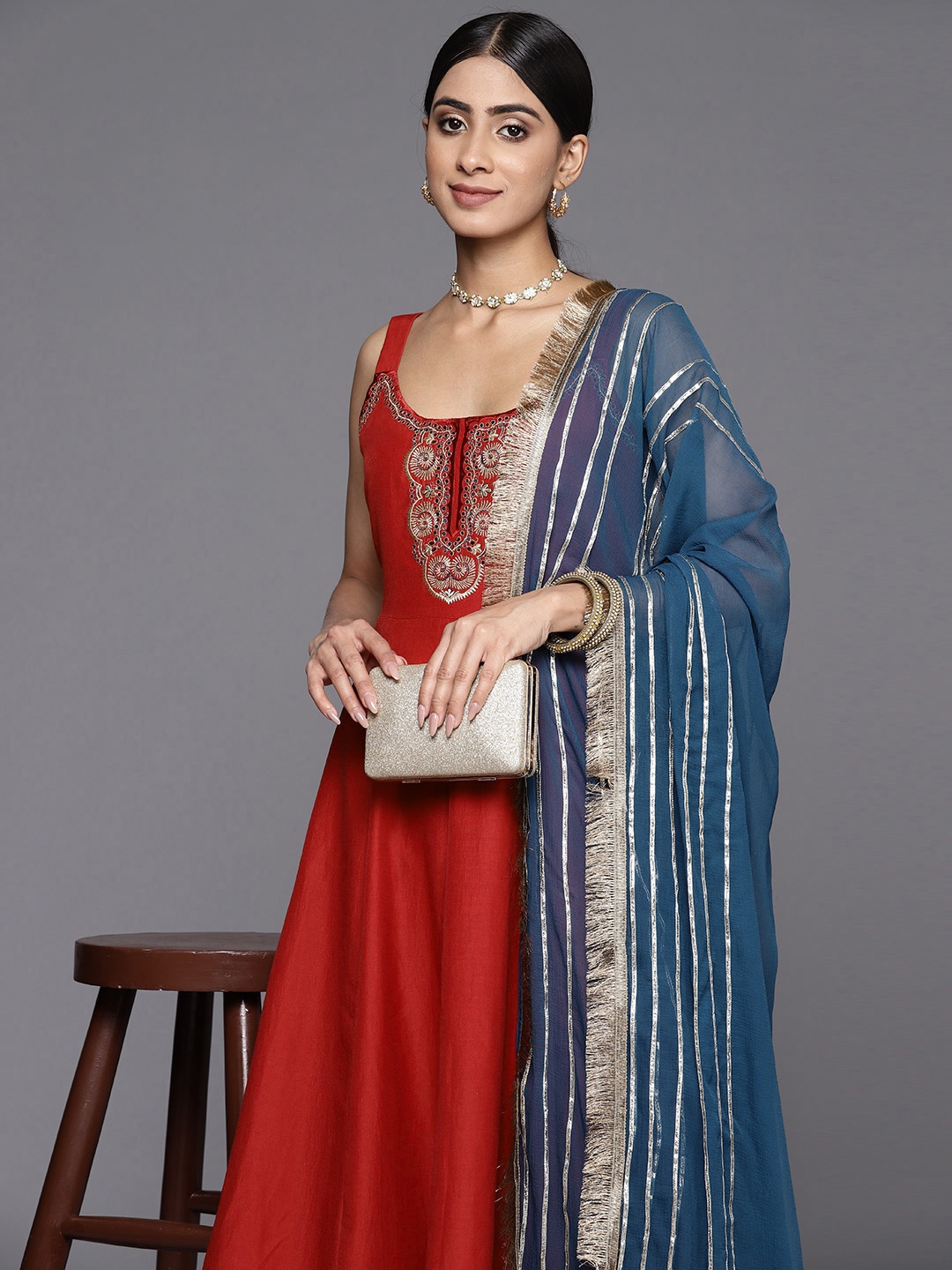 

Varanga Women Ethnic Motifs Embroidered Panelled Kurta with Trousers & With Dupatta, Red