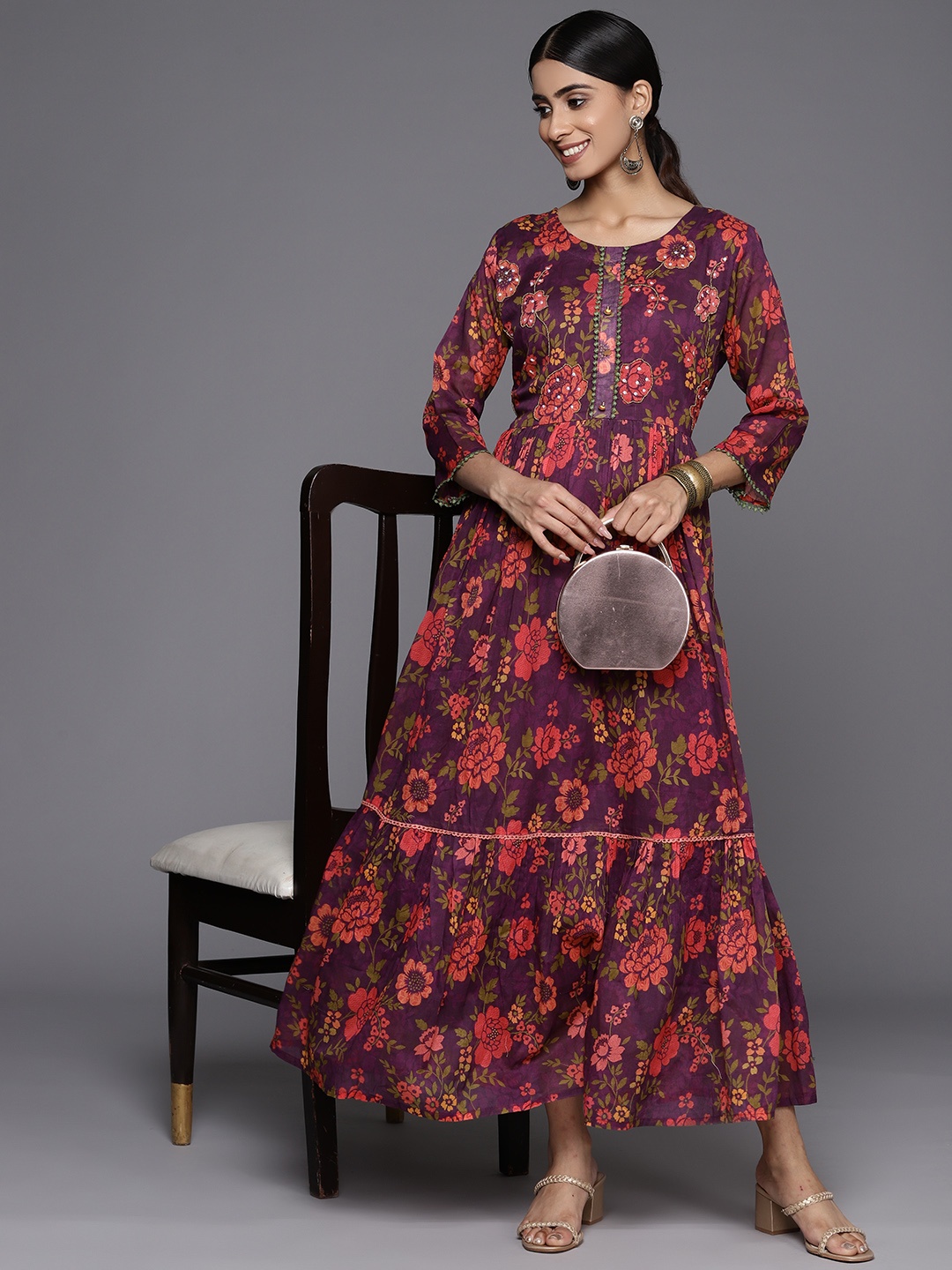 

Varanga Floral Printed Maxi Dress, Purple