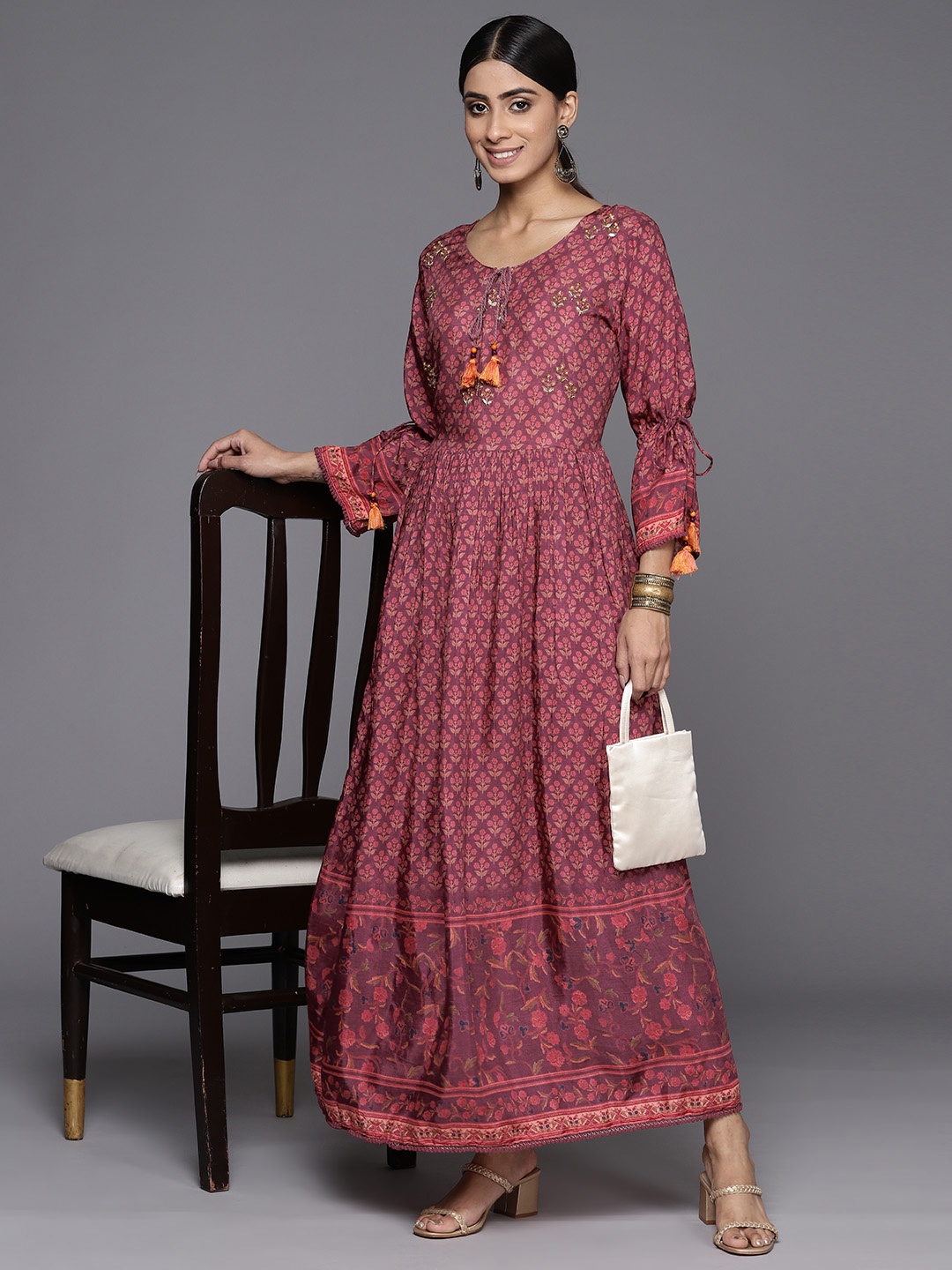 

Varanga Floral Print Tie-Up Neck Cotton A-Line Maxi Dress, Pink