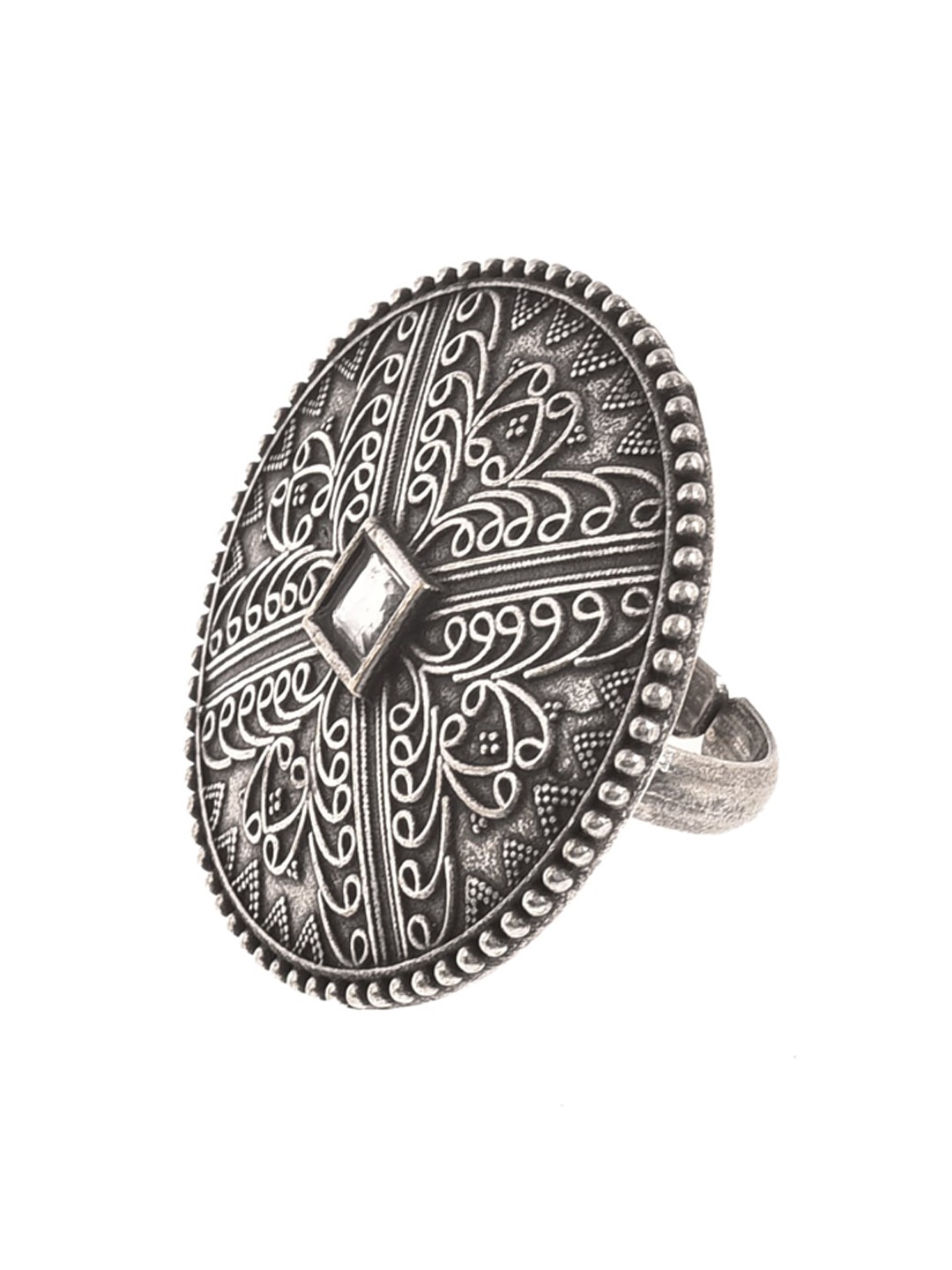 

Infuzze Silver-Plated Stone-Studded Circular Oxidized Adjustable Finger Ring