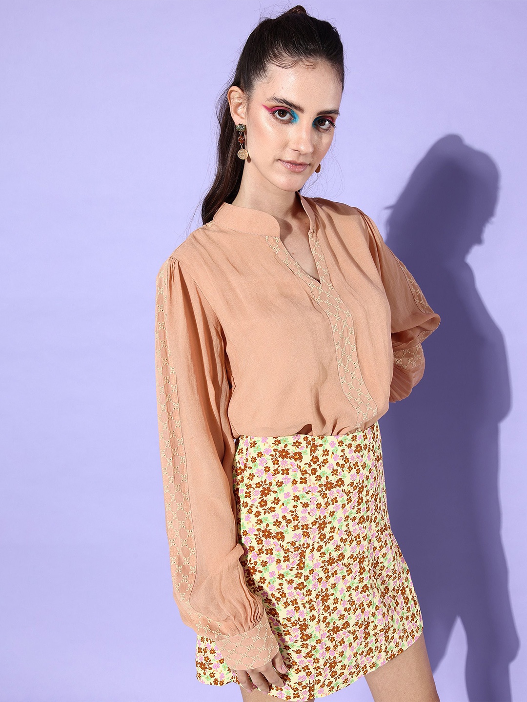 

DressBerry Peach-Coloured Mandarin Collar Georgette Schiffli Shirt Style Top