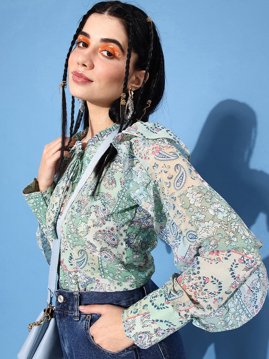 

DressBerry Green Floral Print Georgette Top