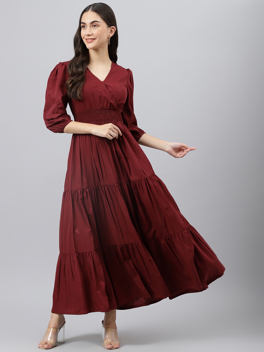 

DEEBACO V-Neck Smocked Tiered Fit & Flare Maxi Dress, Maroon