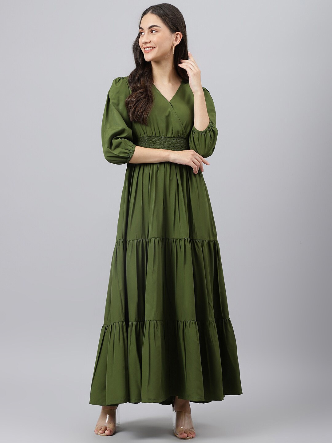 

DEEBACO Puff Sleeves Smocked Tiered Fit & Flare Maxi Dress, Olive