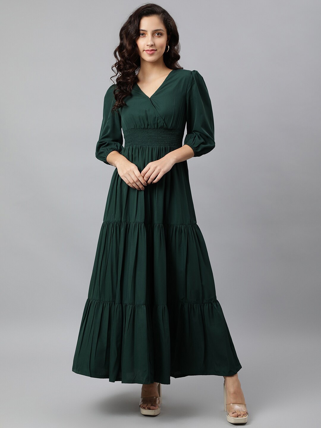 

DEEBACO Puff Sleeves Smocked Tiered Fit & Flare Maxi Dress, Green