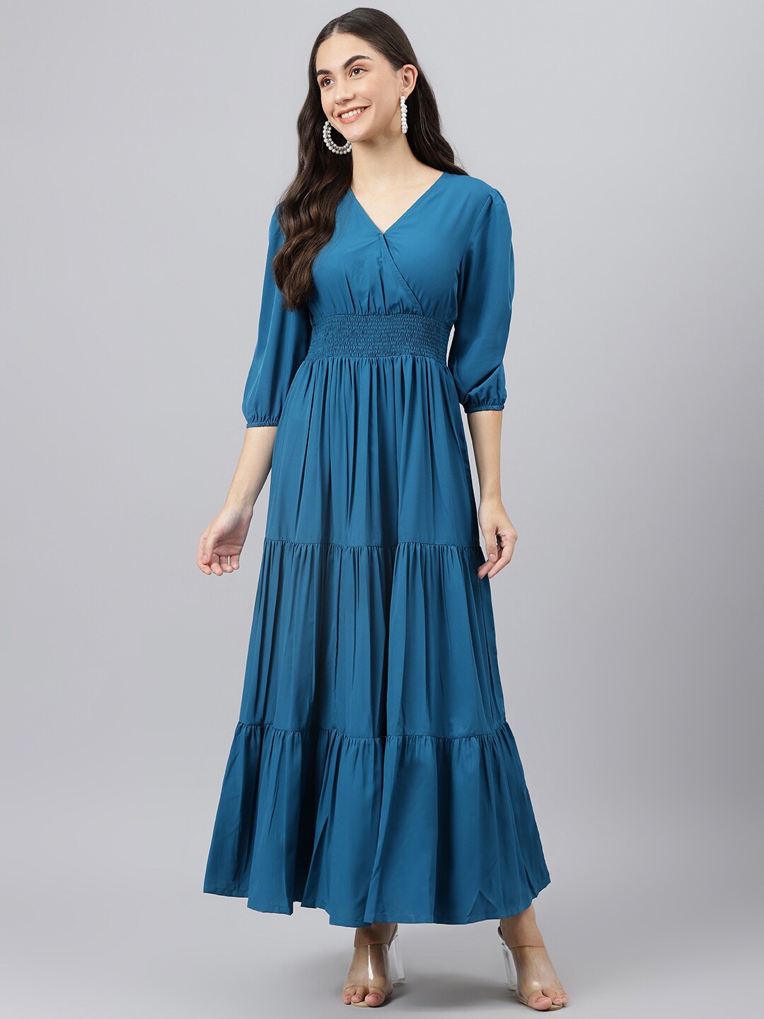 

DEEBACO Puff Sleeves Smocked Tiered Fit & Flare Maxi Dress, Blue