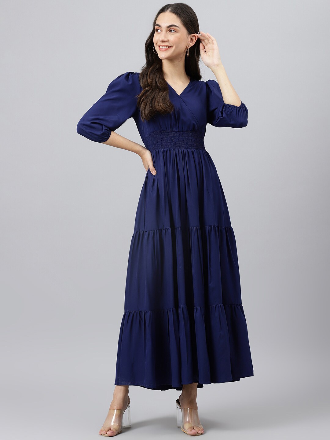 

DEEBACO Puff Sleeves Smocked Tiered Fit & Flare Maxi Dress, Navy blue