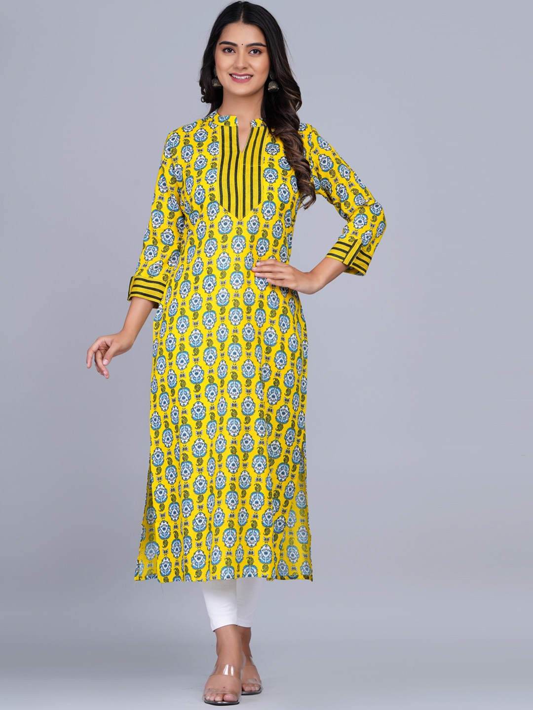 

SkyaSia Mandarin Collar Floral Printed Straight Kurta, Yellow