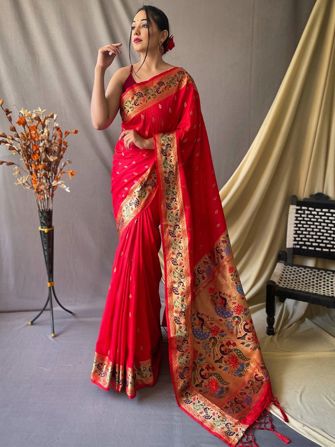 

Mitera Red & Blue Ethnic Woven Design Zari Paithani Silk Saree