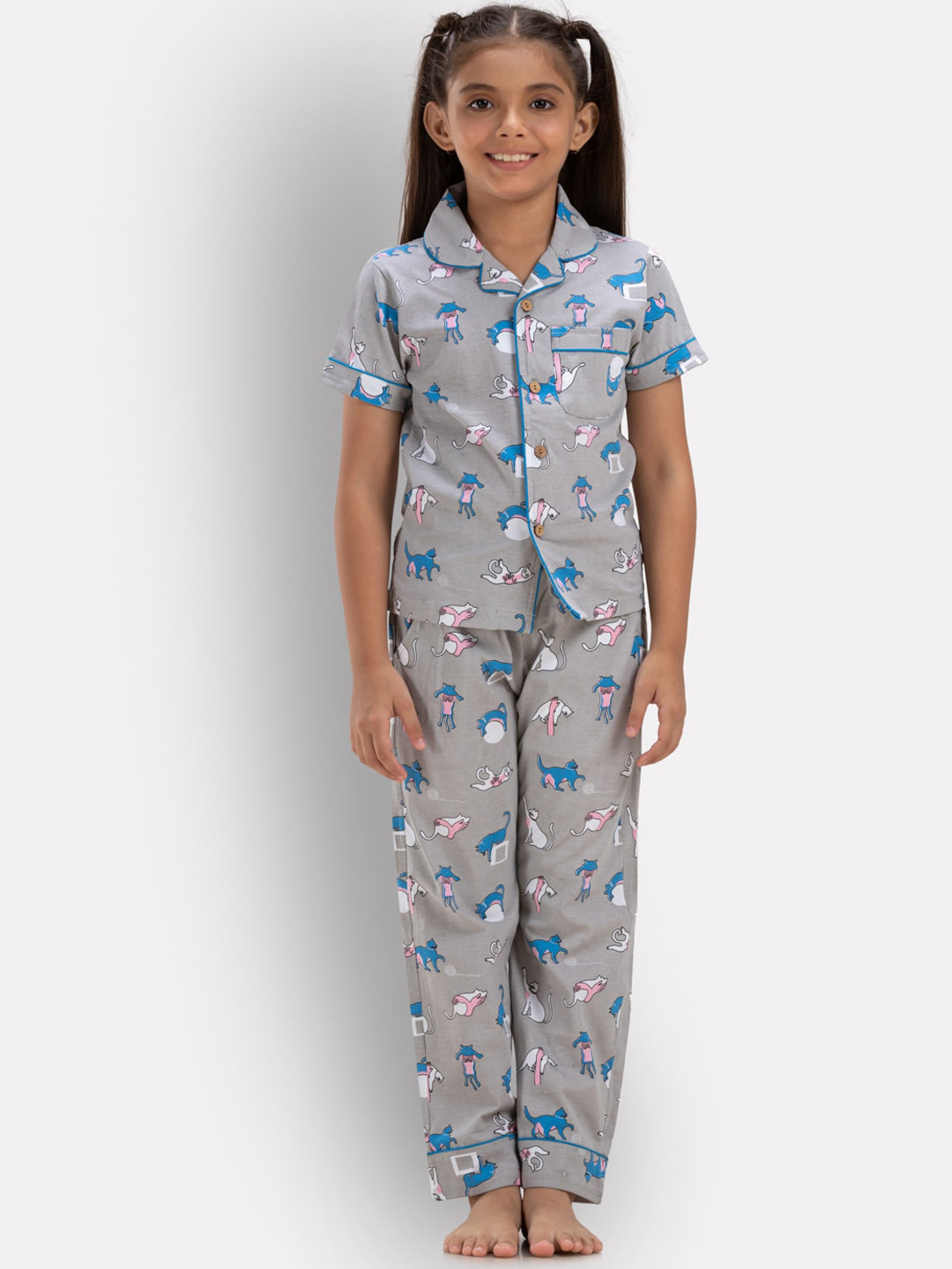 

Growing Tree Kids Conversational Printed Pure Cotton Night Suit, Grey