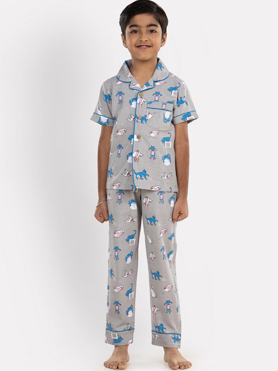

Growing Tree Kids Conversational Printed Pure Cotton Night Suit, Grey