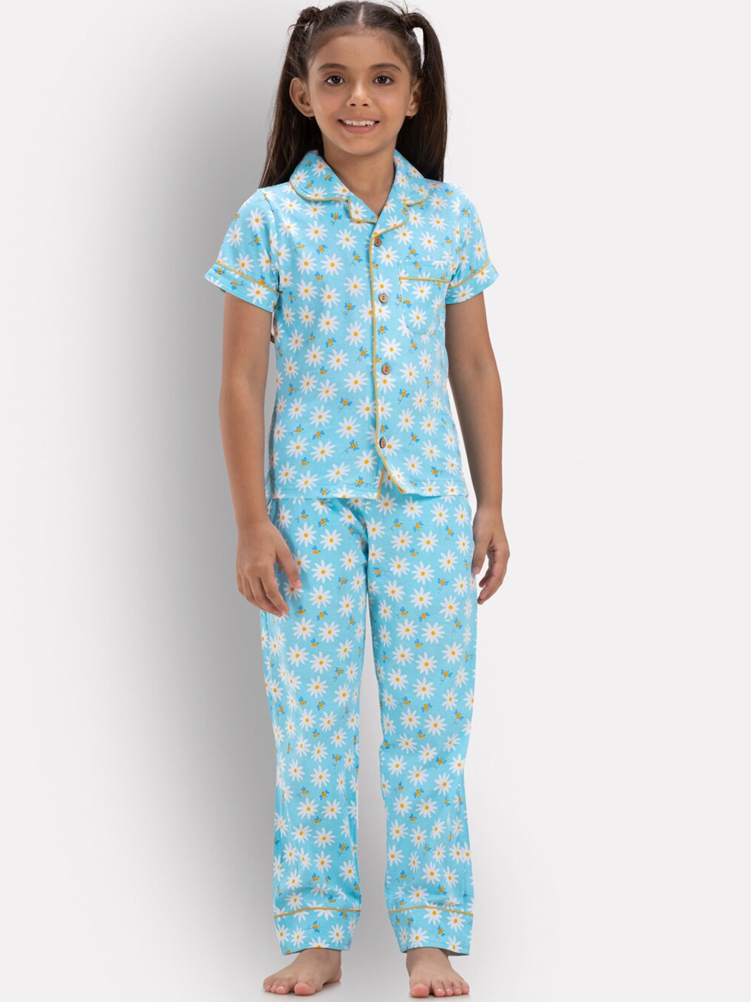

Growing Tree Kids Floral Printed Pure Cotton Night Suit, Blue