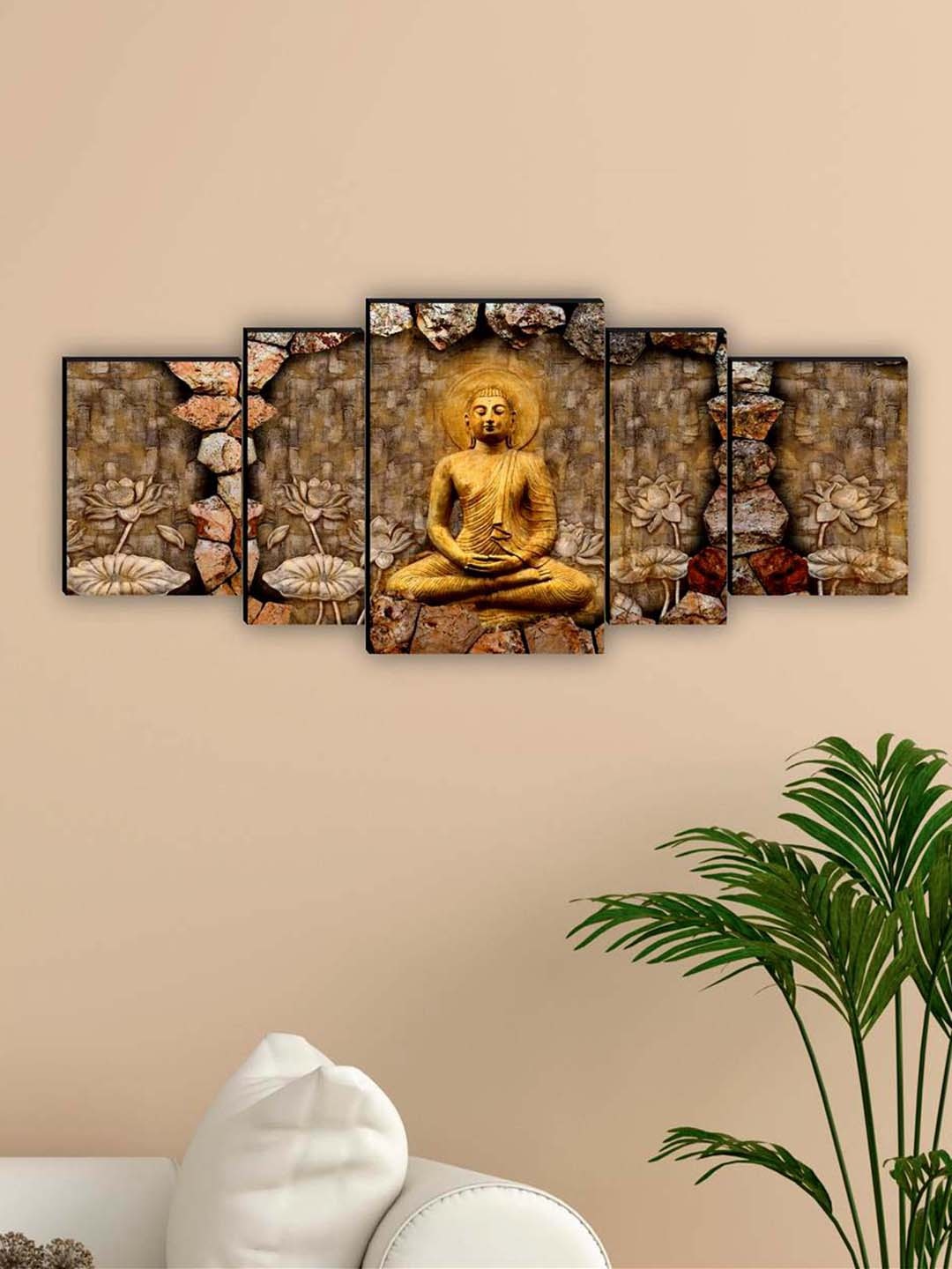 

SAF Brown & Yellow 5 Pieces Lord Buddha Waterproof Framed Wall Art