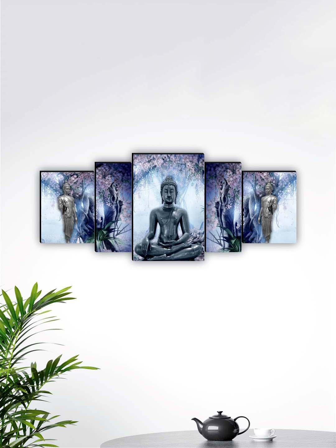 

SAF Blue & Grey 5 Pieces Lord Buddha Framed Wall Art Painting