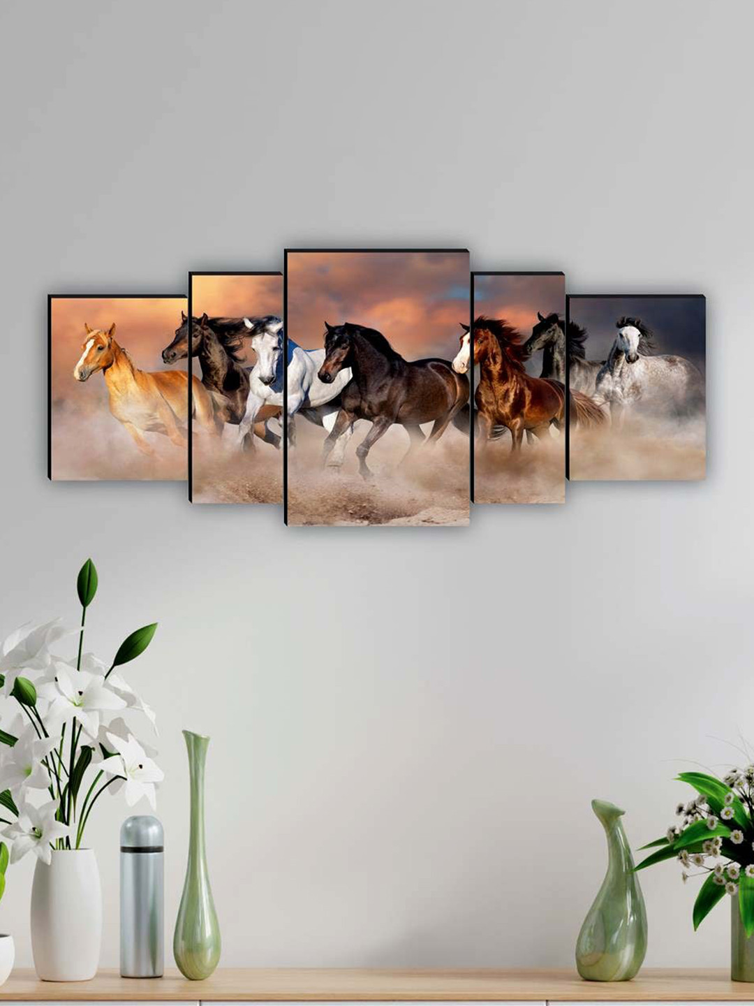 

SAF Brown & White 5 Pieces Seven Running Horse Printed UV Coating Finish Framed Wall Arts