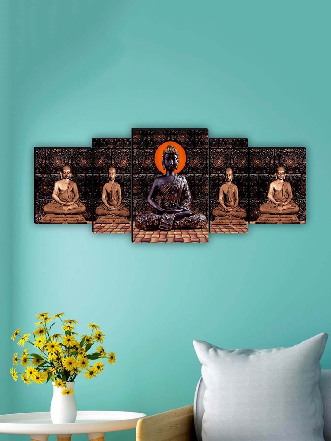 

SAF Brown & Orange 5 Pieces Lord Buddha Waterproof Framed Wall Art