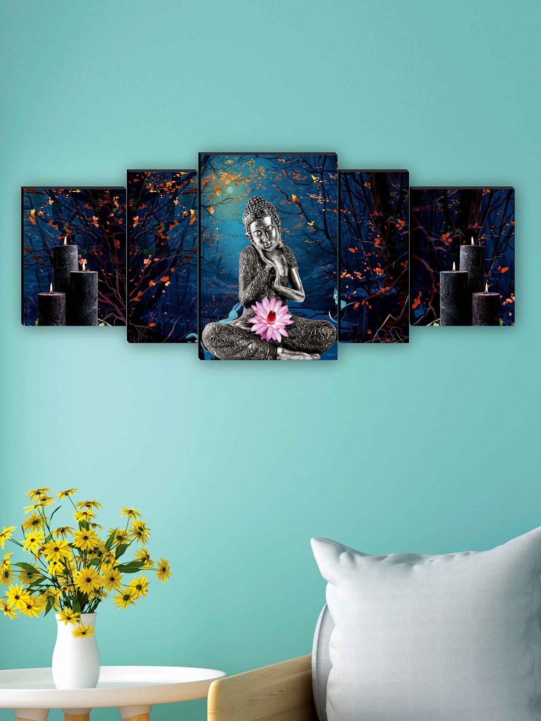 

SAF Blue & Grey 5 Pieces Lord Buddha Printed UV Coating Finish Framed Wall Arts