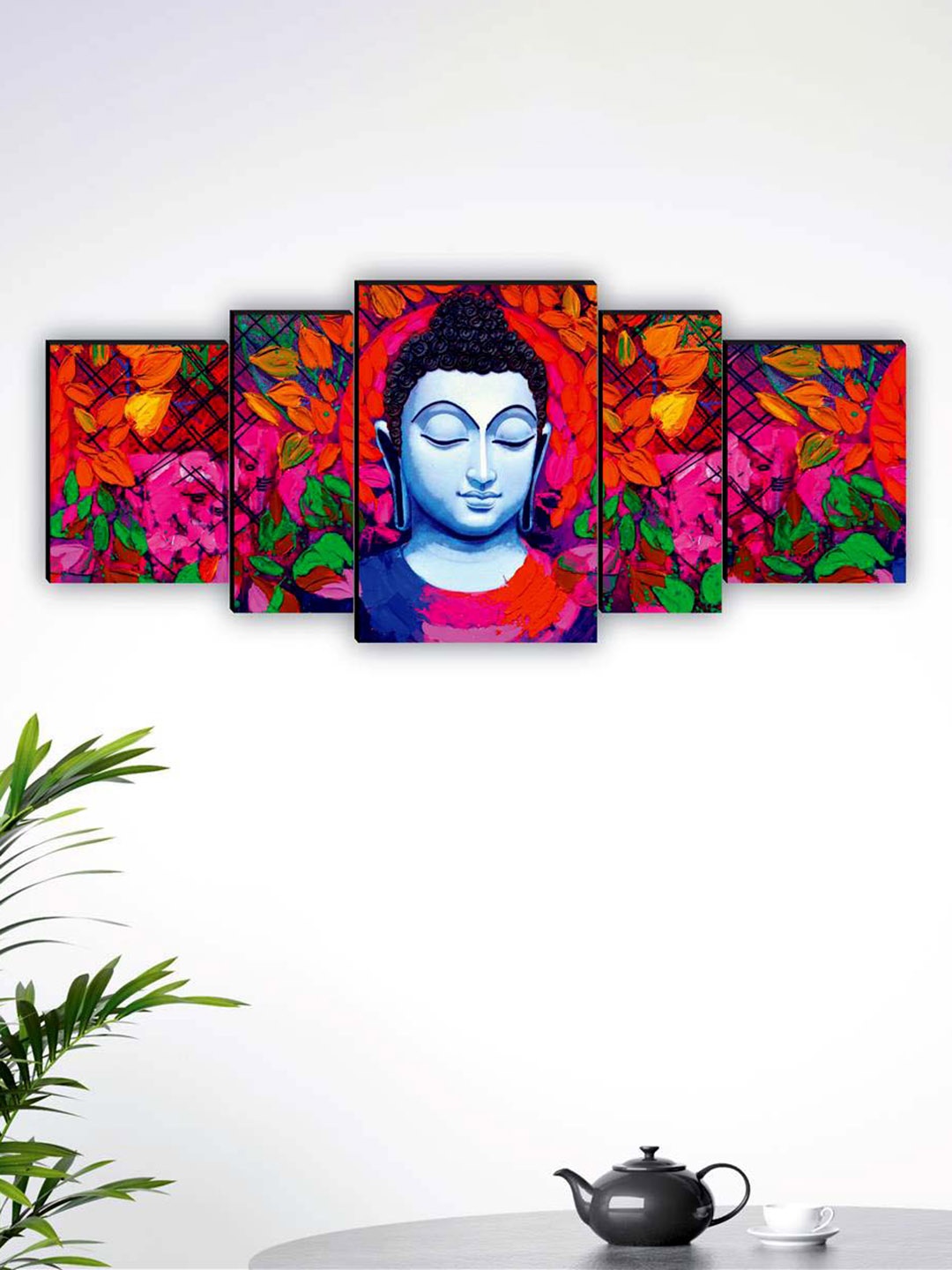 

SAF Red & Pink 5 Pieces Lord Buddha Printed UV Coating Finish Framed Wall Arts