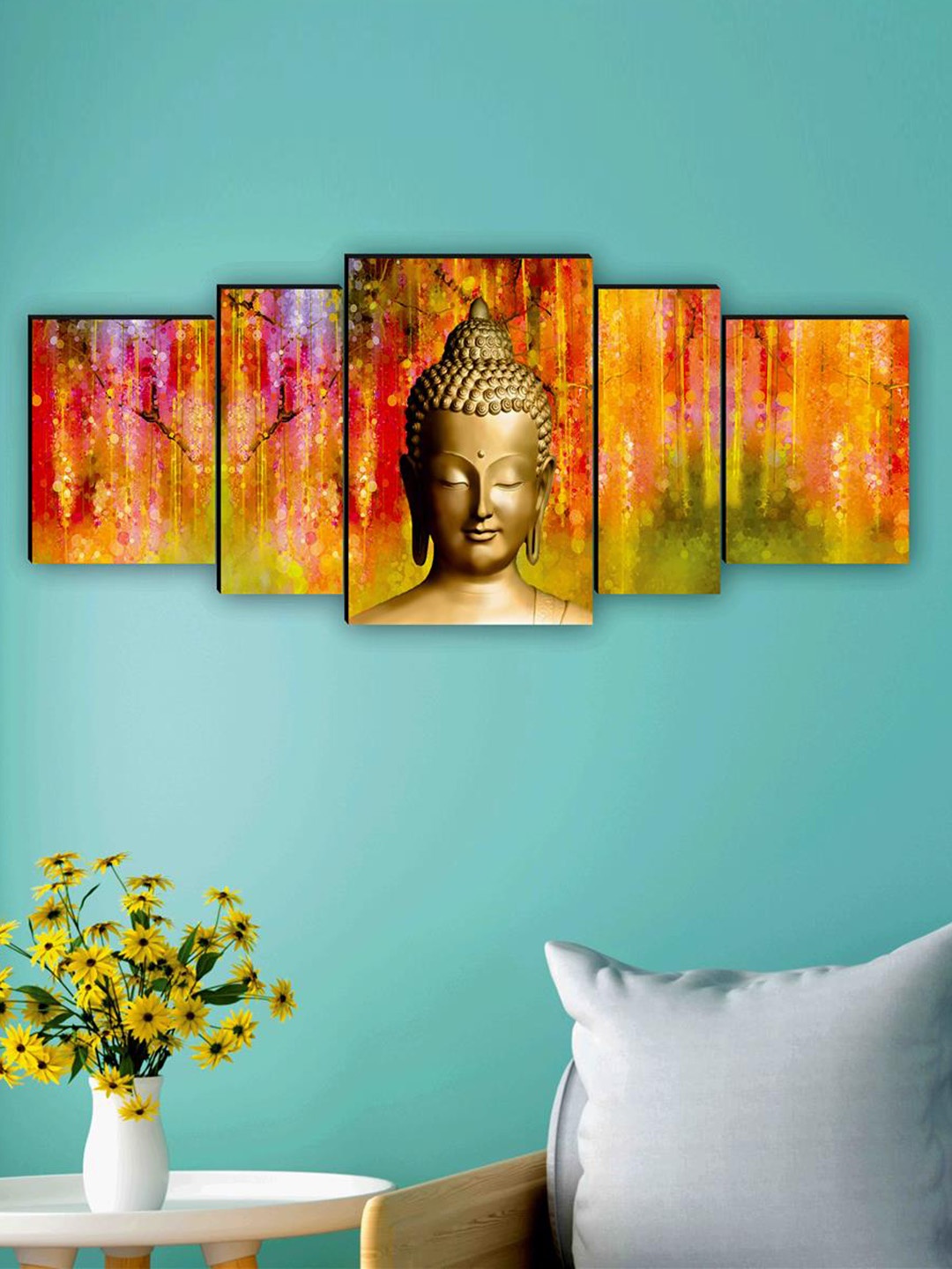 

SAF Orange & Yellow 5 Pieces Lord Buddha Framed Wall Art Painting