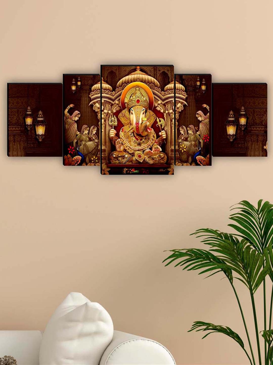 

SAF Brown & Yellow 5 Pieces Lord Ganesh Framed Wall Art Painting