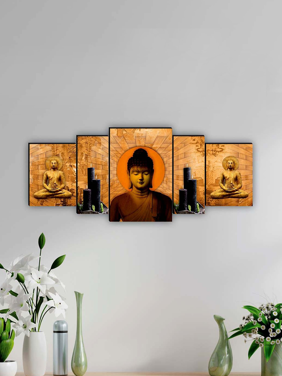 

SAF Brown & Orange 5 Pieces Lord Buddha Framed Wall Art Painting