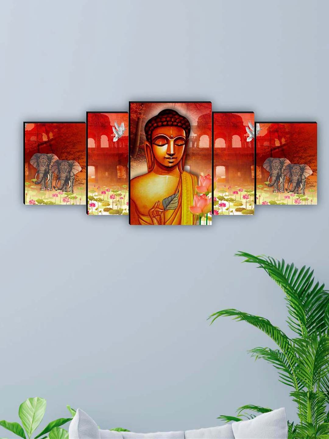 

SAF Red & Yellow 5 Pieces Lord Buddha Framed Wall Art Painting