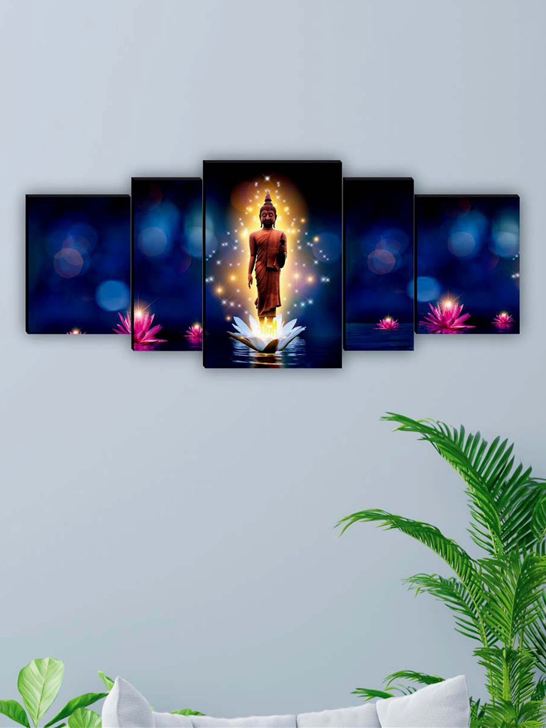 

SAF Blue & Yellow 5 Pieces Lord Buddha Printed UV Coating Finish Framed Wall Arts