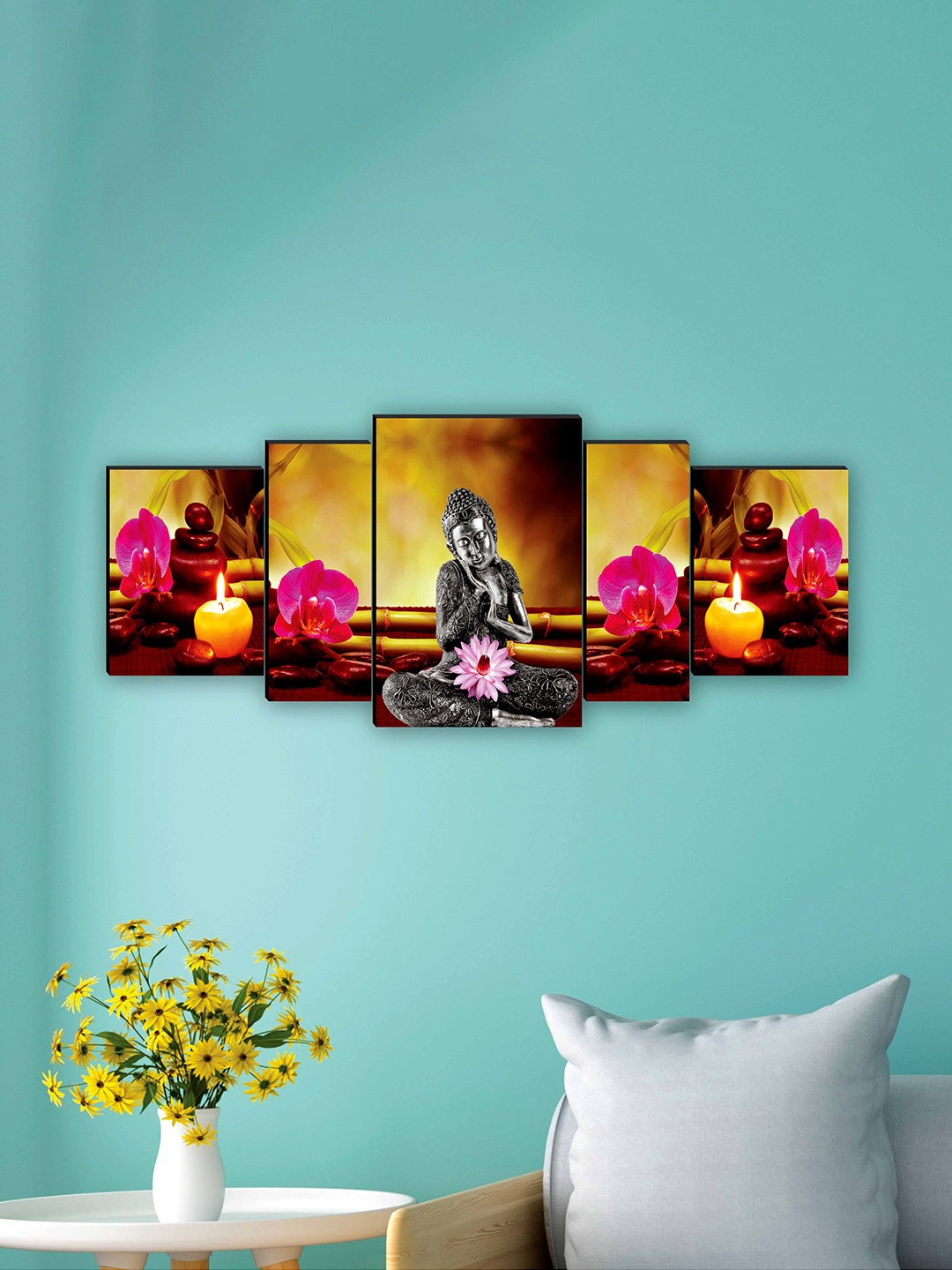 

SAF Yellow & Grey 5 Pieces Lord Buddha Framed Wall Art Painting