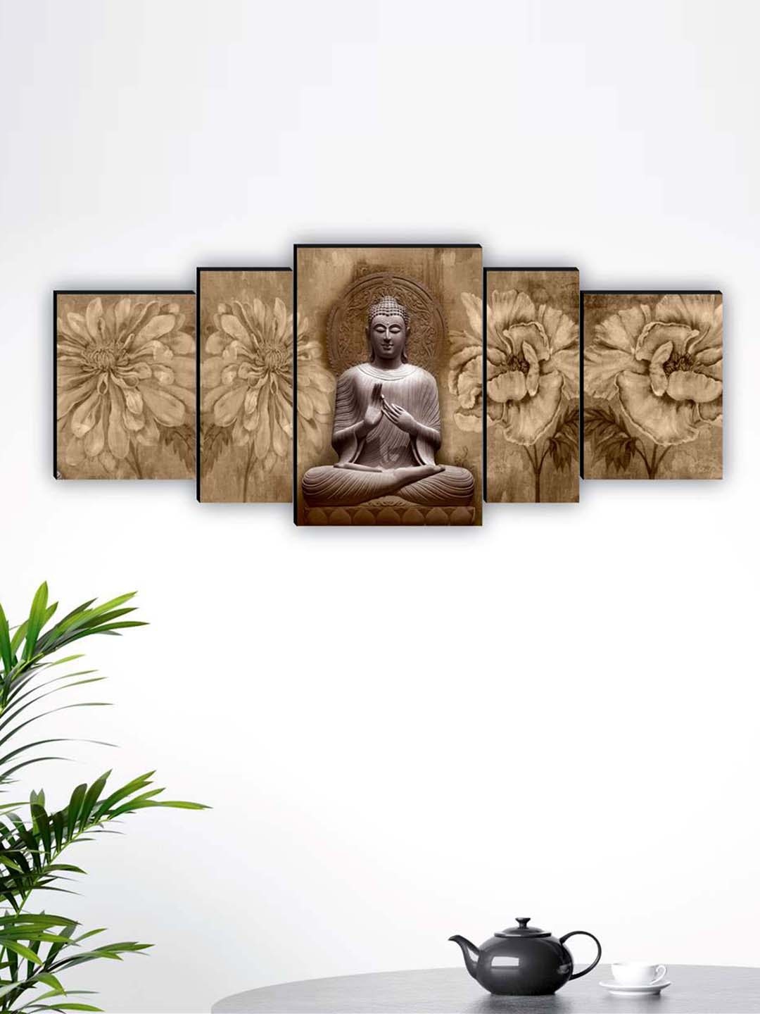 

SAF Beige & Grey 5 Pieces Lord Buddha Printed UV Coating Finish Framed Wall Arts