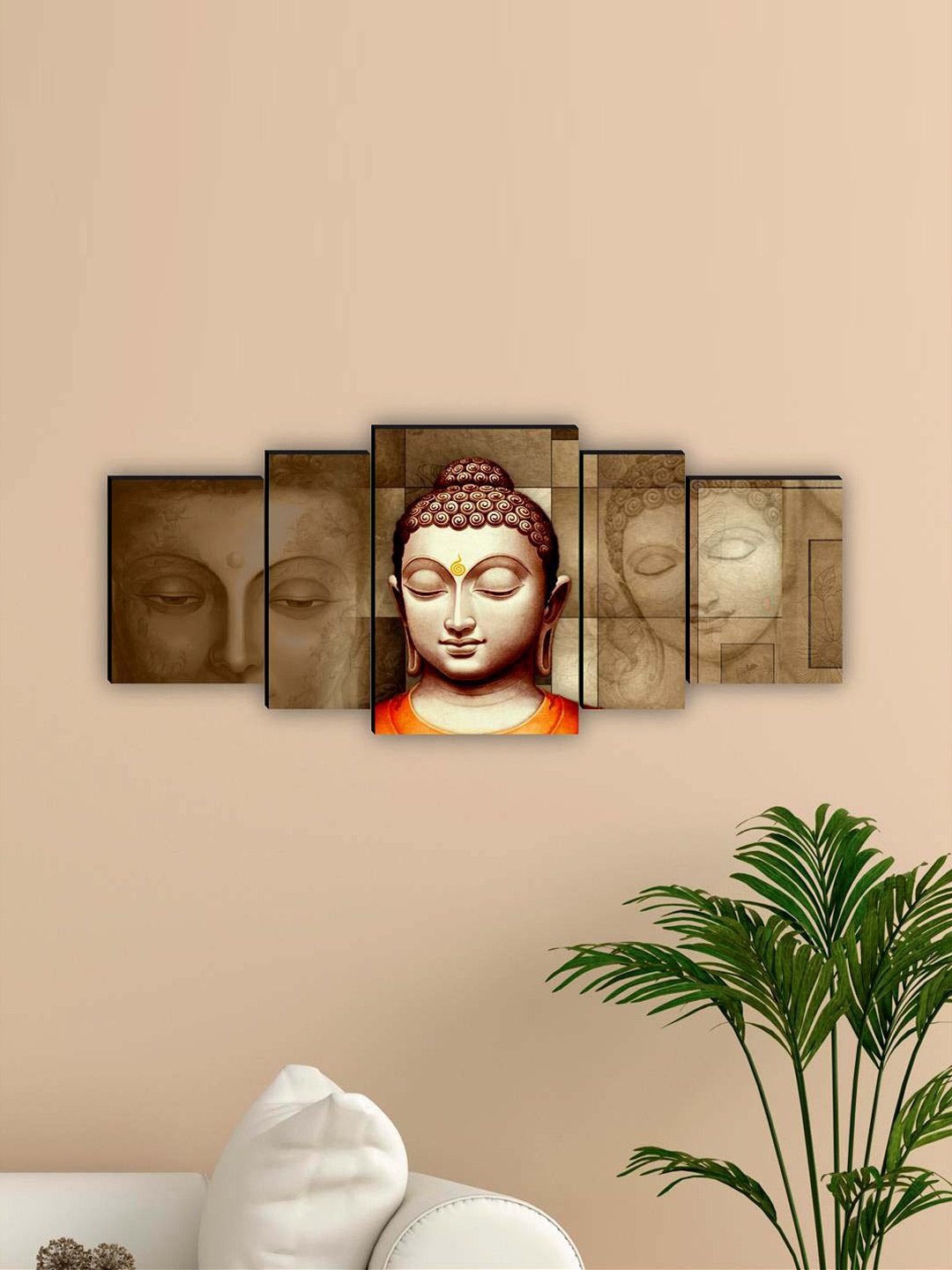 

SAF Brown & Orange 5 Pieces Lord Buddha Waterproof Framed Wall Art