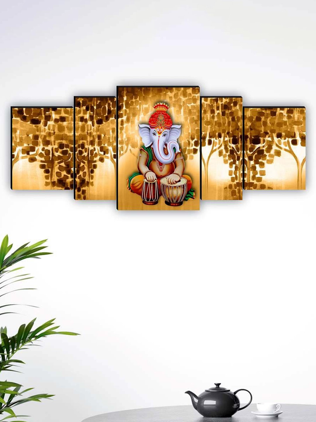 

SAF Brown & Beige 5 Pieces Lord Ganesha Painting Wall Art