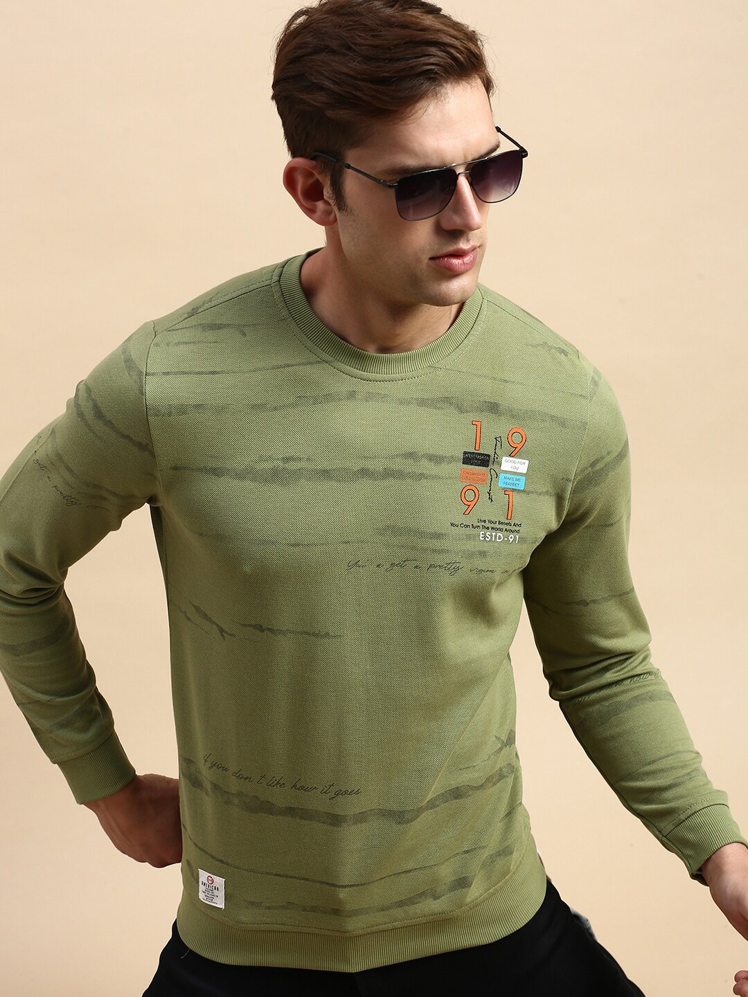 

SHOWOFF Striped Round Neck Cotton Sweatshirt, Olive