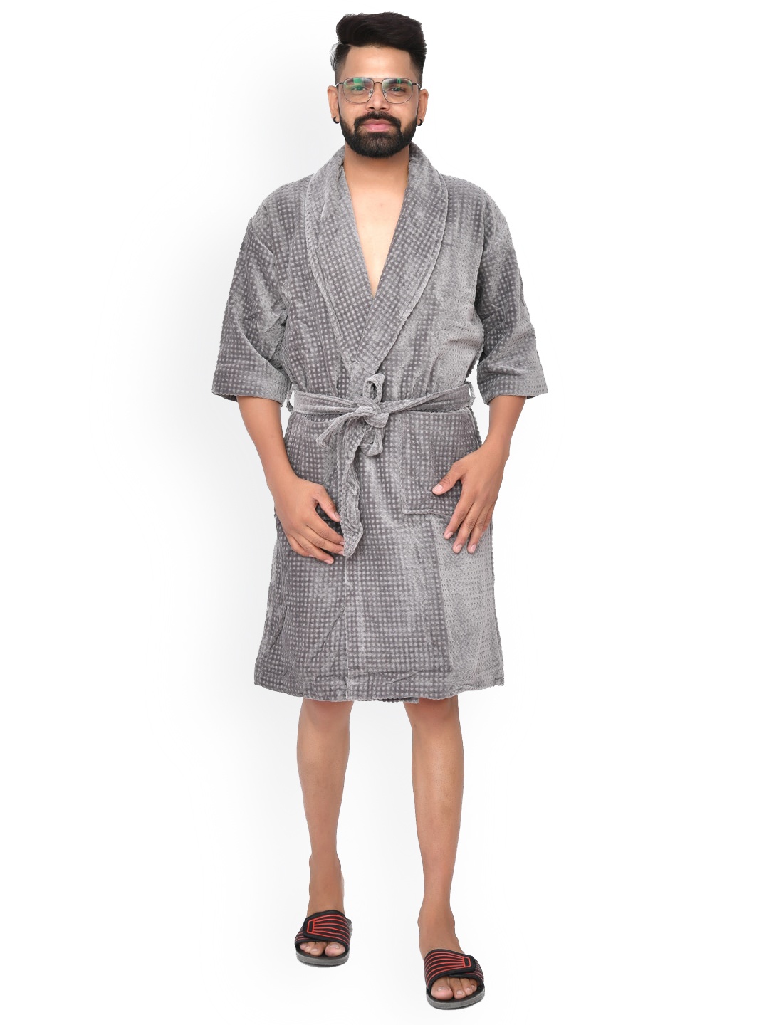 

Home Fresh Unisex Self Design Pure Cotton Bath Robe With Belt, Grey