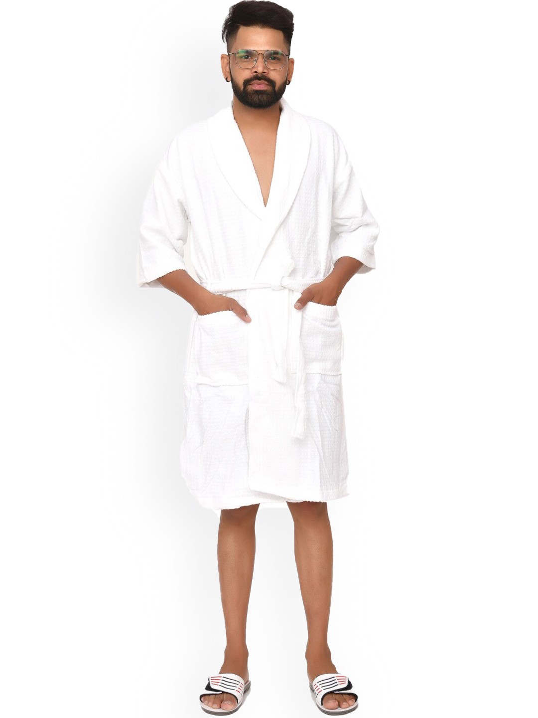 

Home Fresh Unisex Self Design Pure Cotton Bath Robe With Belt, White