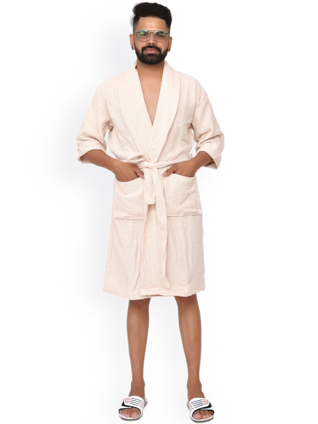 

Home Fresh Unisex Self Design Pure Cotton Bath Robe With Belt, Cream