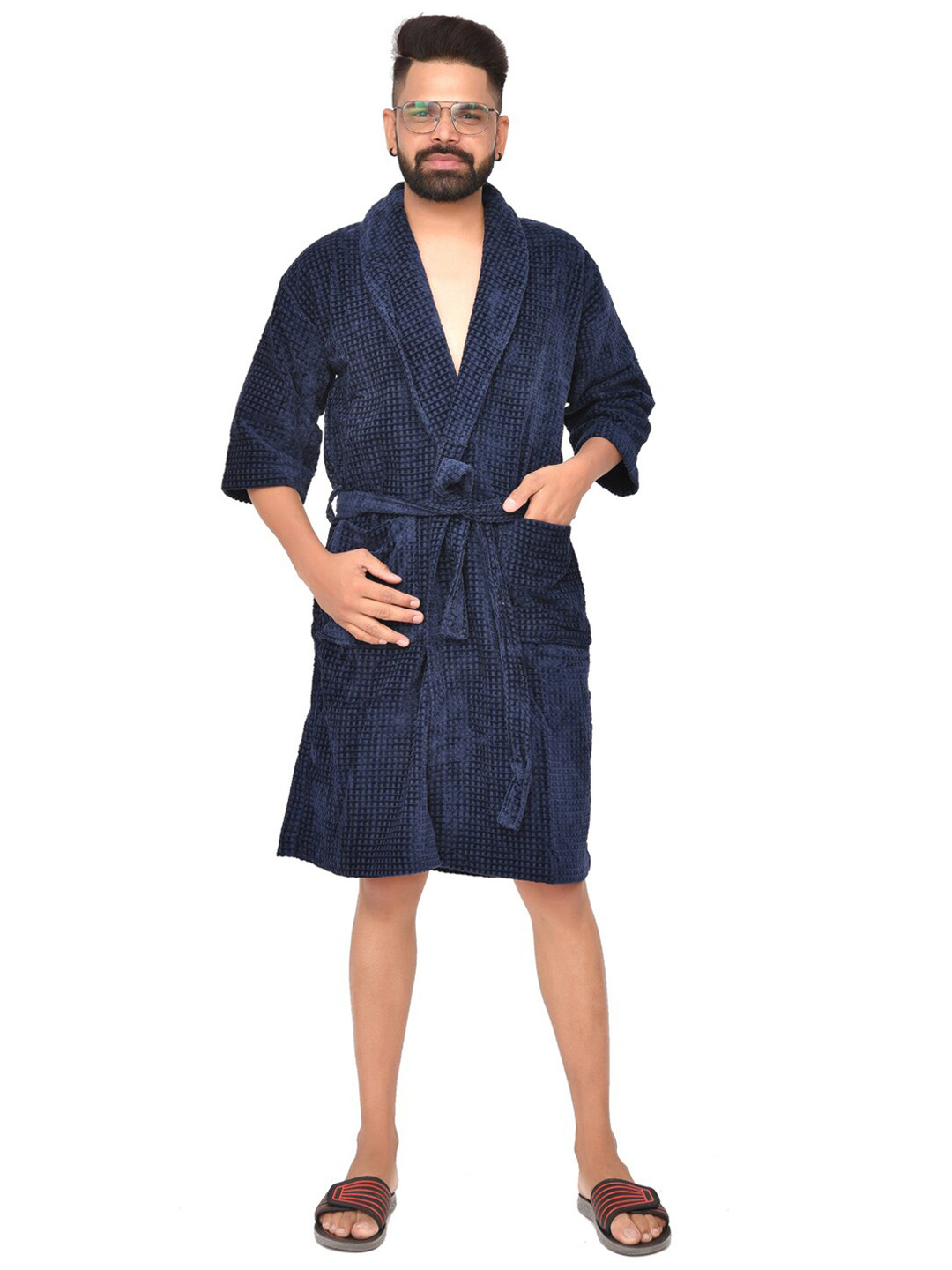

Home Fresh Unisex Pure Cotton Shawl Collar Bath Robe, Navy blue