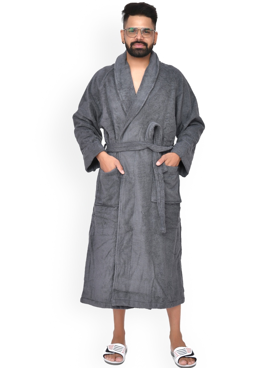

Home Fresh Unisex Self Design Pure Cotton Bath Robe With Belt, Grey