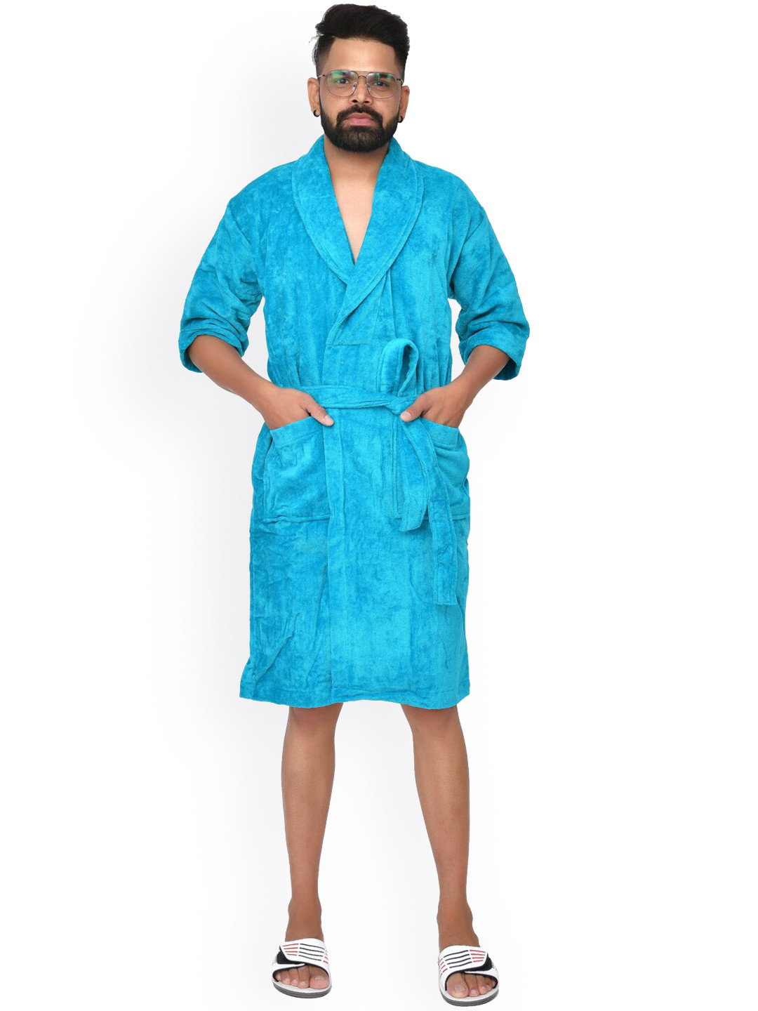 

Home Fresh Unisex Self Design Pure Cotton Bath Robe With Belt, Blue