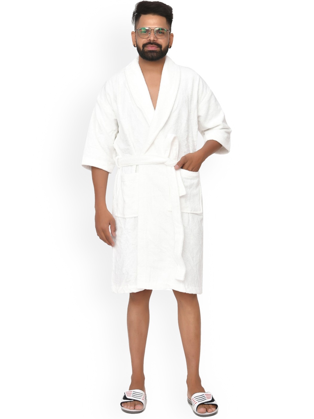 

Home Fresh Unisex Self Design Pure Cotton Bath Robe With Belt, White