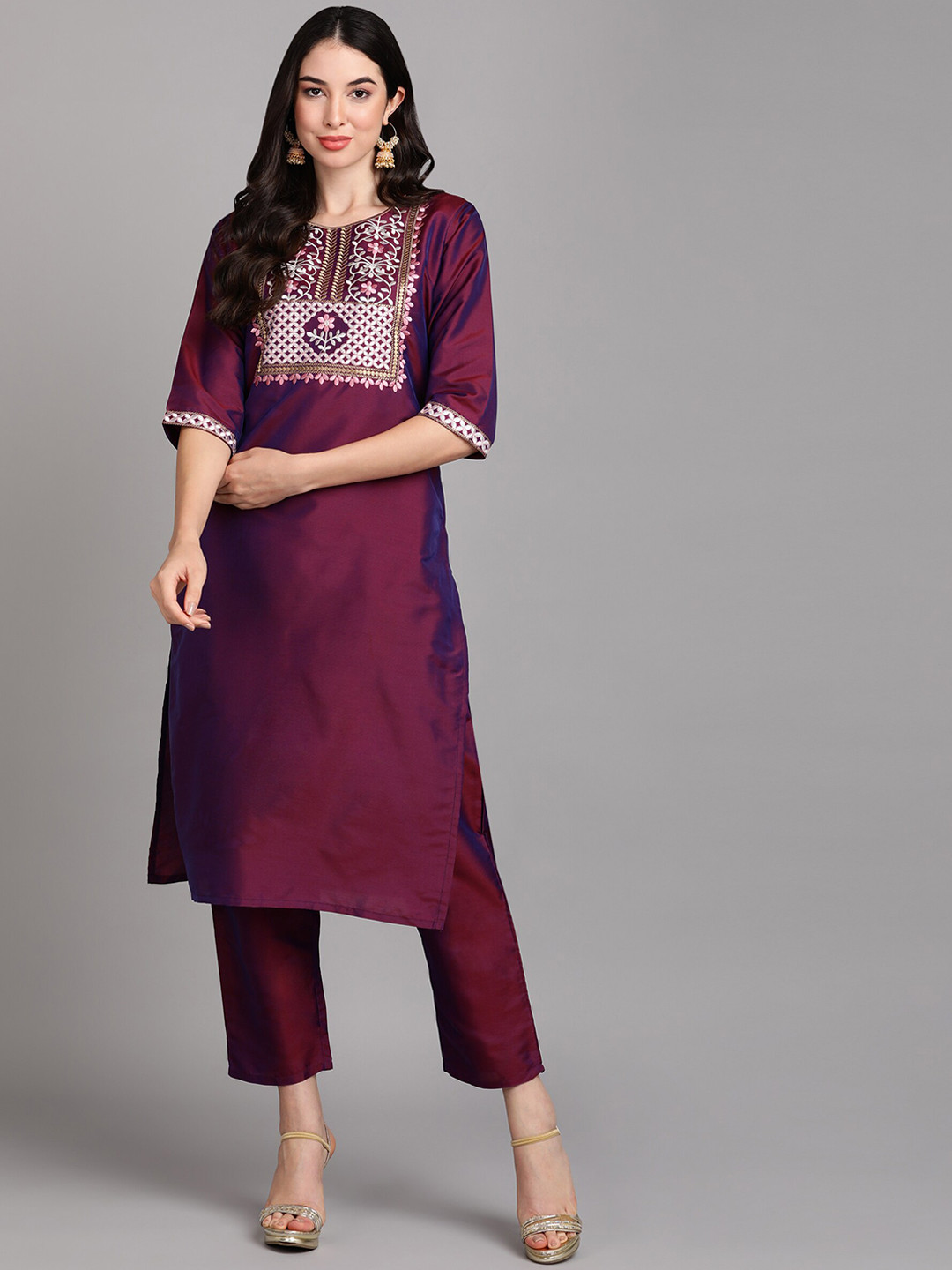 

V TRADITION Floral Yoke Design Regular Kurta With Trousers, Purple